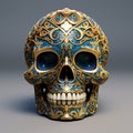 a gold and blue skull on a gray background