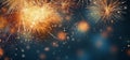Gold and blue sky with fireworks and bokeh in New Year eve and copy space. Abstract background holiday Royalty Free Stock Photo