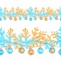 Gold and blue spruce branches and Christmas balls. Seamless border. Watercolor hand-drawn art. Artistic illustration Royalty Free Stock Photo