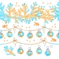 Gold and blue spruce branches and Christmas balls. Set of watercolor Christmas seamless border. Hand-drawn artistic illustration Royalty Free Stock Photo