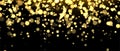 Gold blurred banner on black background. Glittering falling confetti backdrop. Golden shimmer texture for luxury design