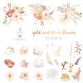 Gold, blush, beige, white rose, peony, dahlia, ranunculus, hydrangea flower, pampas grass, fern, dried palm leaves Royalty Free Stock Photo