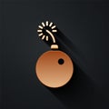 Gold Bomb ready to explode icon isolated on black background. Long shadow style. Vector