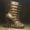 a gold boot with spikes on the heel