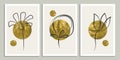 Gold botanical wall art set. Boho decor in earth tone with abstract flowers. Modern art for cover, print, wallpaper and