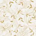 Gold botany pattern vector illustration of painted small floral template and outline drawing elements. Rustic vintage leaves and Royalty Free Stock Photo