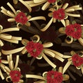 Gold bow with red flowers roses seamless pattern, vector background. Painted decorative element, hand-drawing, cartoon Royalty Free Stock Photo