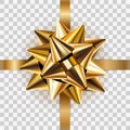 Gold bow ribbon decor element gift package. Shiny golden satin decoration present, isolated transparent background