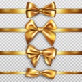 Gold bow with ribbon, realistic silk gift decor. Golden knot for holiday present, satin package tape, yellow threads Royalty Free Stock Photo