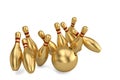 Gold bowling ball and scattered skittle.3D illustration.