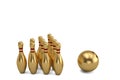 Gold bowling ball and scattered skittle.3D illustration.