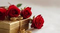 A gold box with three red roses and two gold wedding rings. Generative AI image. Royalty Free Stock Photo