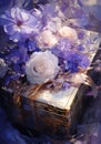 Gold box with white and blue roses flowers. Flowering flowers, a symbol of spring, new life