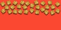 Gold boxes with gifts on a red background top view, mockup for banner or flyer, concept of gifts for buyers, top view, flat lay,