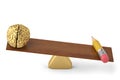 Gold brain and big pencil on the wood seesaw 3D illustration
