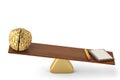 Gold brain and notebook with pencil on the wood seesaw 3D illus