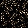 Gold branches on black background seamless pattern. Hand drawn botanic elements