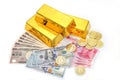 Gold bricks with bitcoin, dollar, yen, renminbi on white background