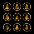 Gold silhouette christmas trees vector icons on black background Royalty Free Stock Photo