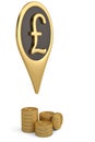 Gold British Pound pin icon and coin stacks on white backgroun.3D illustration. Royalty Free Stock Photo