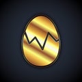 Gold Broken egg icon isolated on black background. Happy Easter. Vector