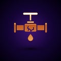 Gold Broken metal pipe with leaking water icon isolated on black background. Vector Illustration