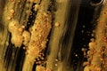 Gold and bronze drops. Abstract flow color blots on black horizontal background