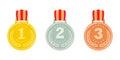 Gold, bronze and silver medals. Set of awards for first, second and third places. Prizes for winner. Royalty Free Stock Photo