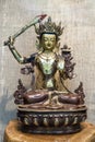 Tibet Temple bronze Gild cloisonne Sword Manjusri kwan yin Buddha golden statue Royalty Free Stock Photo