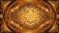 A gold and brown mandala of sacred geometry on a gradient background. Squares, diamonds, and leaves