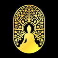 Gold Buddha Meditation with radiate glow sit under bodhi tree with leafs heart shape in square rounded corner frame vector design Royalty Free Stock Photo