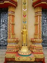 Standing Buddha sculpgure infront of the temple