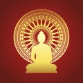 Gold Buddha statue and Dharmachakra wheel of dhamma sign on red brown background vector design