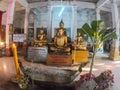 Gold buddha statue at Wat Phai Rong Wua, Suphanburi, Thailand. Beautiful of historic city at buddhism temple Royalty Free Stock Photo