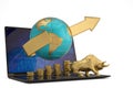 Gold bull and coin stacks and globe with laptop on white background.3D illustration. Royalty Free Stock Photo