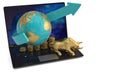 Gold bull and coin stacks and globe with laptop on white background.3D illustration. Royalty Free Stock Photo