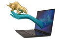 Gold bull on hand with laptop on white background.3D illustration. Royalty Free Stock Photo