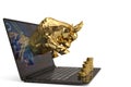 Gold bull with laptop and gold coin stacks on white background.3D illustration. Royalty Free Stock Photo