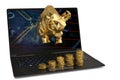 Gold bull with laptop and gold coin stacks on white background.3D illustration. Royalty Free Stock Photo