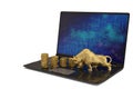 Gold bull with laptop and gold coin stacks on white background.3D illustration. Royalty Free Stock Photo