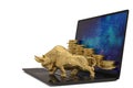 Gold bull with laptop and gold coin stacks on white background.3D illustration. Royalty Free Stock Photo