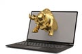 Gold bull with laptop on white background.3D illustration. Royalty Free Stock Photo