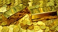 Gold bullion on pile golden coins