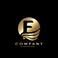 Gold Business Initial E Logo Letter, Elegance Wave Wing Bird with negative space letter E design concept