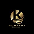 Gold Business Initial K Logo Letter, Elegance Wave Wing Bird with negative space letter K design concept