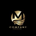 Gold Business Initial M Logo Letter, Elegance Wave Wing Bird with negative space letter M design concept