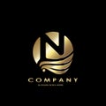 Gold Business Initial N Logo Letter, Elegance Wave Wing Bird with negative space letter N design concept