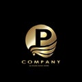 Gold Business Initial P Logo Letter, Elegance Wave Wing Bird with negative space letter P design concept