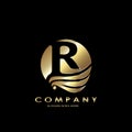 Gold Business Initial R Logo Letter, Elegance Wave Wing Bird with negative space letter R design concept