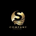 Gold Business Initial S Logo Letter, Elegance Wave Wing Bird with negative space letter S design concept